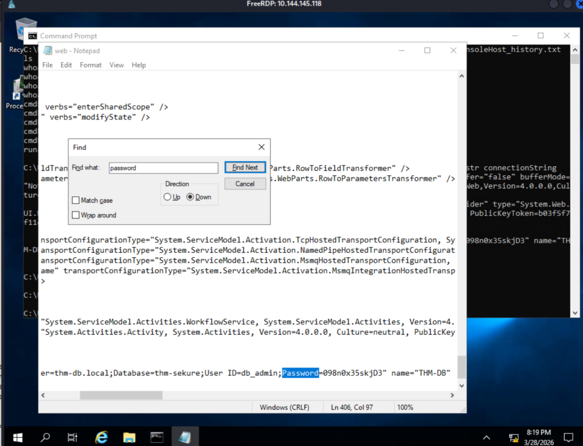 findstr connectionString output confirming credential exposure